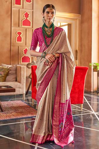 Cream Patola Silk Contemporary Saree With Unstiched Blouse