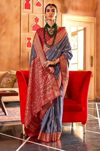 Grey Patola Silk Blend Contemporary Saree With Unstiched Blouse