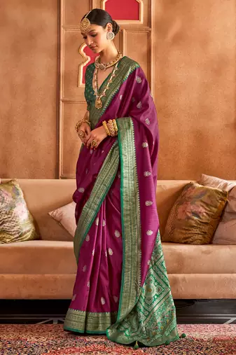 Plum Patola Silk Blend Contemporary Saree With Unstiched Blouse