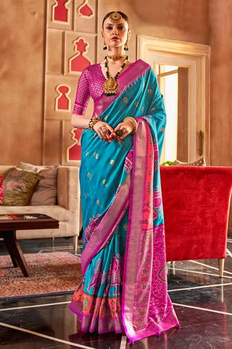 Sky Blue Patola Silk Blend Contemporary Saree With Unstiched Blouse