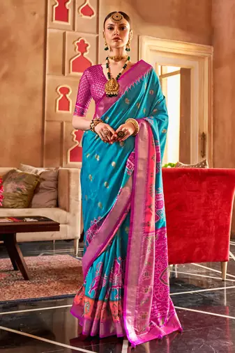Sky Blue Patola Silk Blend Contemporary Saree With Unstiched Blouse