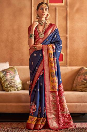 Navy Blue Patola Silk Blend Contemporary Saree With Unstiched Blouse