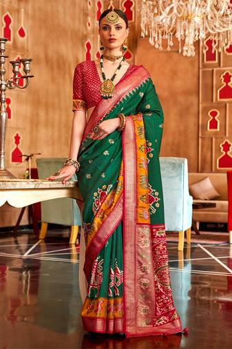 Green Patola Silk Contemporary Saree With Unstiched Blouse