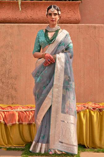 Organza Printed Blue Contemporary Saree