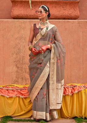 Organza Printed Grey Saree 1