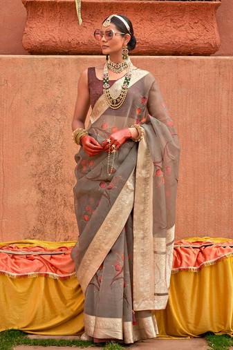 Organza Printed Grey Contemporary Saree