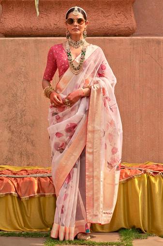 Organza Printed Light Pink Contemporary Saree