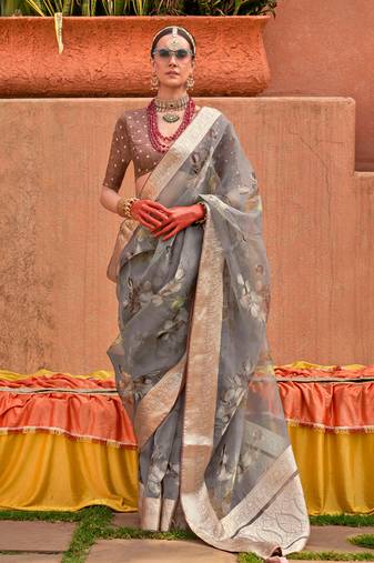 Organza Printed Grey Contemporary Saree