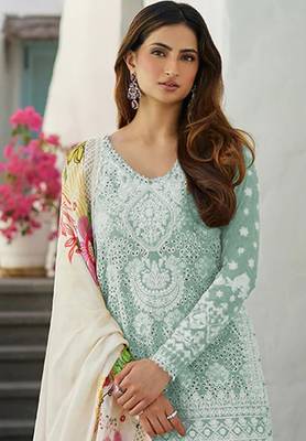 PISTA GREEN EMBROIDERD WORK RAYON COTTON PAKISTANI SALWAR SUIT 2