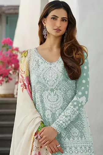 PISTA GREEN EMBROIDERD WORK RAYON COTTON PAKISTANI SALWAR SUIT