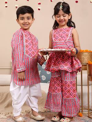 Budding bees girls cotton bandhani printed sleeveless top with sharara set 2pc festive set with matching bag-pink 7