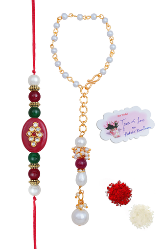 Handmade kundan red stone peral rakhi for brother,combo collection couple pair rakhi set for bhaiya(lumba)
