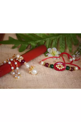 Handmade kundan red stone peral rakhi for brother,combo collection couple pair rakhi set for bhaiya(lumba)