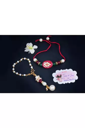 Handmade kundan red stone peral rakhi for brother,combo collection couple pair rakhi set for bhaiya(lumba)