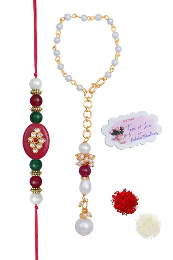 Handmade kundan red stone peral rakhi for brother,combo collection couple pair rakhi set for bhaiya(lumba)