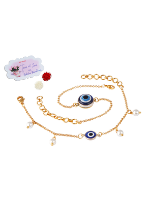 combo of fancy evil eye handcrafted bracelets rakhi for bhaiya-bhabhi, couple with japanese pearls (adjustable). 1