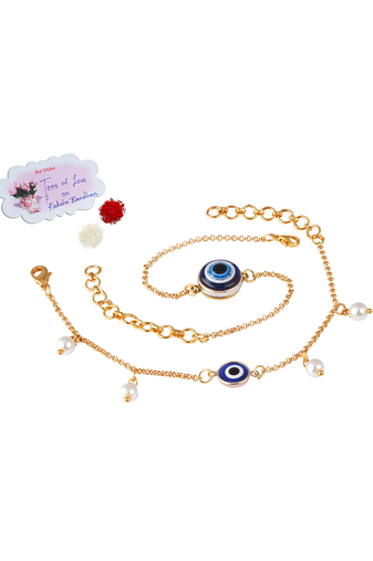 combo of fancy evil eye handcrafted bracelets rakhi for bhaiya-bhabhi, couple with japanese pearls (adjustable).