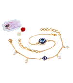 combo of fancy evil eye handcrafted bracelets rakhi for bhaiya-bhabhi, couple with japanese pearls (adjustable).