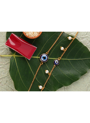 combo of fancy evil eye handcrafted bracelets rakhi for bhaiya-bhabhi, couple with japanese pearls (adjustable). 2