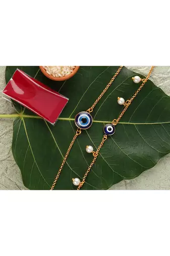 combo of fancy evil eye handcrafted bracelets rakhi for bhaiya-bhabhi, couple with japanese pearls (adjustable).
