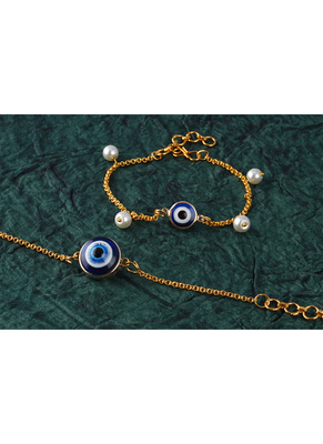 combo of fancy evil eye handcrafted bracelets rakhi for bhaiya-bhabhi, couple with japanese pearls (adjustable). 3