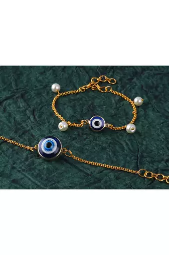 combo of fancy evil eye handcrafted bracelets rakhi for bhaiya-bhabhi, couple with japanese pearls (adjustable).