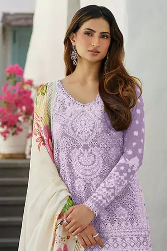 LAVEDAR EMBROIDERD WORK RAYON COTTON PAKISTANI SALWAR SUIT