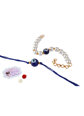 Combo of fancy evil eye handcrafted bracelets rakhi for bhaiya-bhabhi, couple with japanese pearls (adjustable). 1