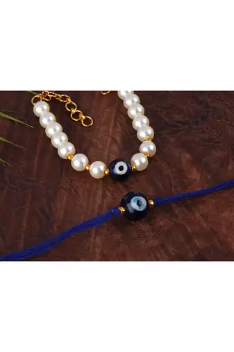 Combo of fancy evil eye handcrafted bracelets rakhi for bhaiya-bhabhi, couple with japanese pearls (adjustable).