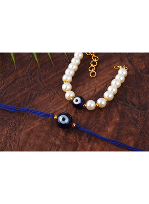 Combo of fancy evil eye handcrafted bracelets rakhi for bhaiya-bhabhi, couple with japanese pearls (adjustable). 3