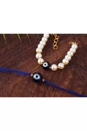 Combo of fancy evil eye handcrafted bracelets rakhi for bhaiya-bhabhi, couple with japanese pearls (adjustable).