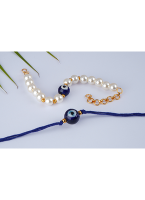 Combo of fancy evil eye handcrafted bracelets rakhi for bhaiya-bhabhi, couple with japanese pearls (adjustable). 4