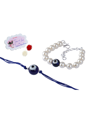 Evil eye handcrafted bracelets rakhi for bhaiya-bhabhi, couple with japanese pearls (adjustable). 1