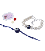 Evil eye handcrafted bracelets rakhi for bhaiya-bhabhi, couple with japanese pearls (adjustable).