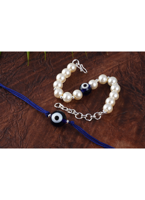 Evil eye handcrafted bracelets rakhi for bhaiya-bhabhi, couple with japanese pearls (adjustable). 2