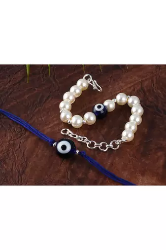 Evil eye handcrafted bracelets rakhi for bhaiya-bhabhi, couple with japanese pearls (adjustable).