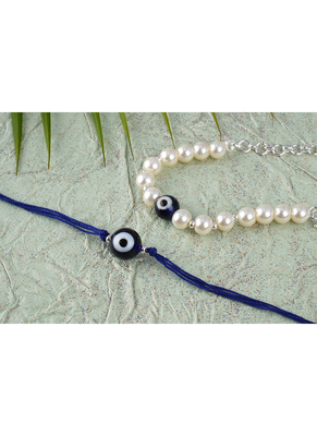 Evil eye handcrafted bracelets rakhi for bhaiya-bhabhi, couple with japanese pearls (adjustable). 3