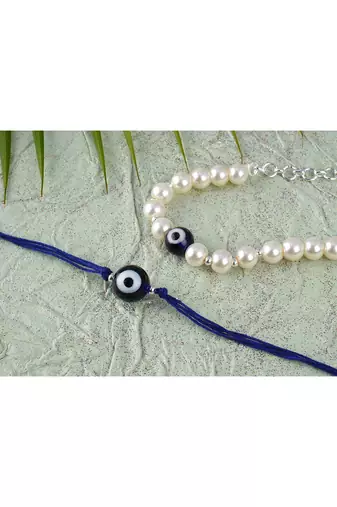 Evil eye handcrafted bracelets rakhi for bhaiya-bhabhi, couple with japanese pearls (adjustable).