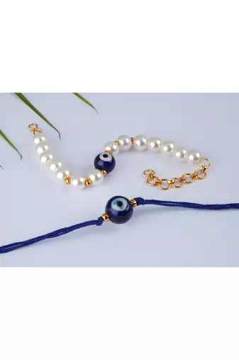 Evil eye handcrafted bracelets rakhi for bhaiya-bhabhi, couple with japanese pearls (adjustable).