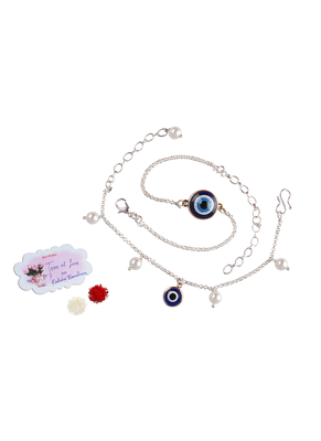 Fancy evil eye handcrafted bracelets rakhi for bhaiya-bhabhi, couple with japanese pearls (adjustable). 1