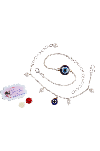 Fancy evil eye handcrafted bracelets rakhi for bhaiya-bhabhi, couple with japanese pearls (adjustable).