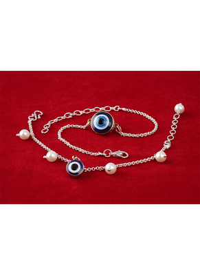 Fancy evil eye handcrafted bracelets rakhi for bhaiya-bhabhi, couple with japanese pearls (adjustable). 2