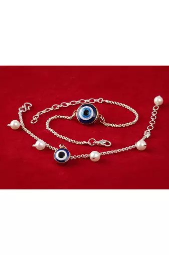 Fancy evil eye handcrafted bracelets rakhi for bhaiya-bhabhi, couple with japanese pearls (adjustable).