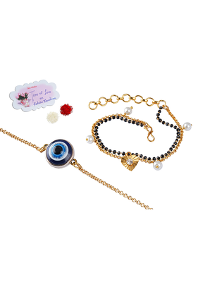 Combo of modern evil eye handcrafted bracelets for bhaiya-bhabhi, couple with japanese pearls 1