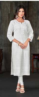 Pure viscose rayon chikankari white full stitched kurtis 1