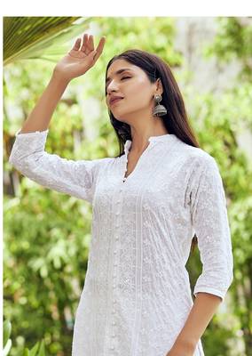 Pure viscose rayon chikankari white full stitched kurtis 1
