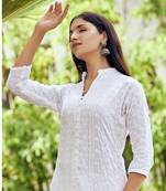 Pure viscose rayon chikankari white full stitched kurtis