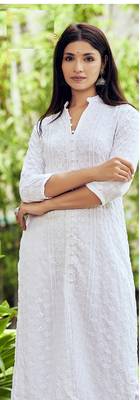 Pure viscose rayon chikankari white full stitched kurtis 2