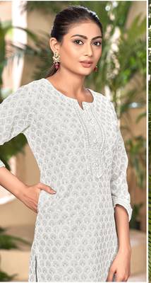 Pure viscose rayon chikankari white full stitched kurtis 1