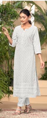 Pure viscose rayon chikankari white full stitched kurtis 2